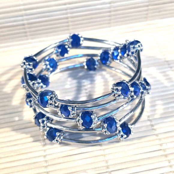 Handcrafted Crystal Wrap Bracelet With Blue Faceted Beads - Picture 2 of 7